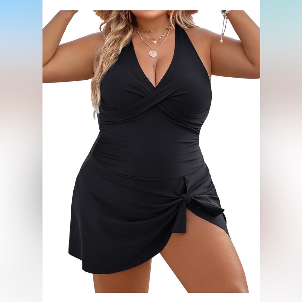 🚘Black Halter Swimsuit Dress Blooming Jelly plus I swim dress Tummy control